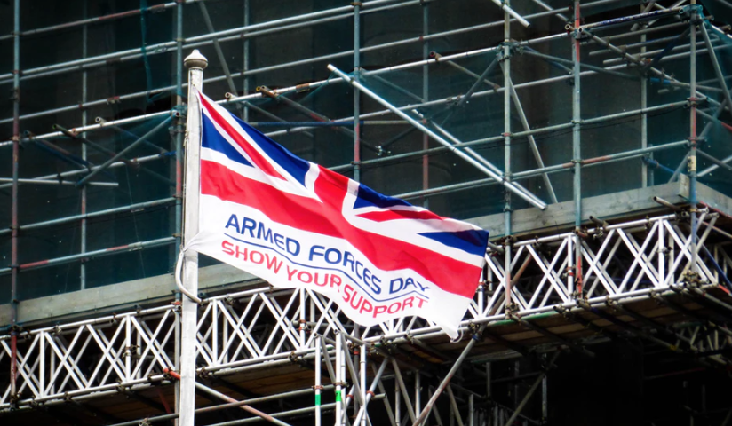 A flag with a Union Jack emblem supporting the armed forced in Britain
