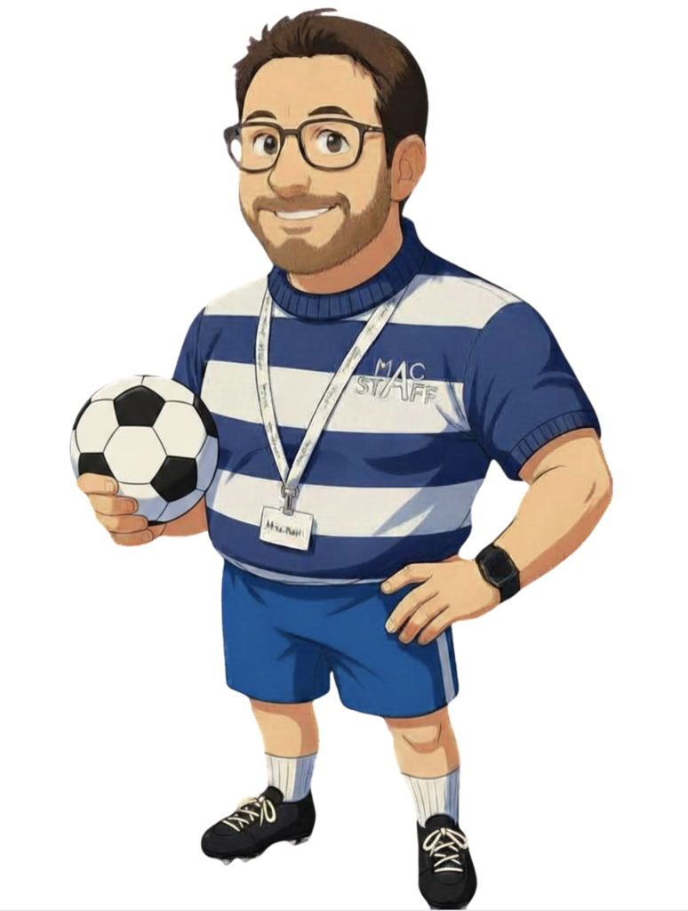 A cartoon image of Anthony McCormack as a character called 'Assist-Ant' who is wearing blue and white striped sports top and blue shorts and is holding a football