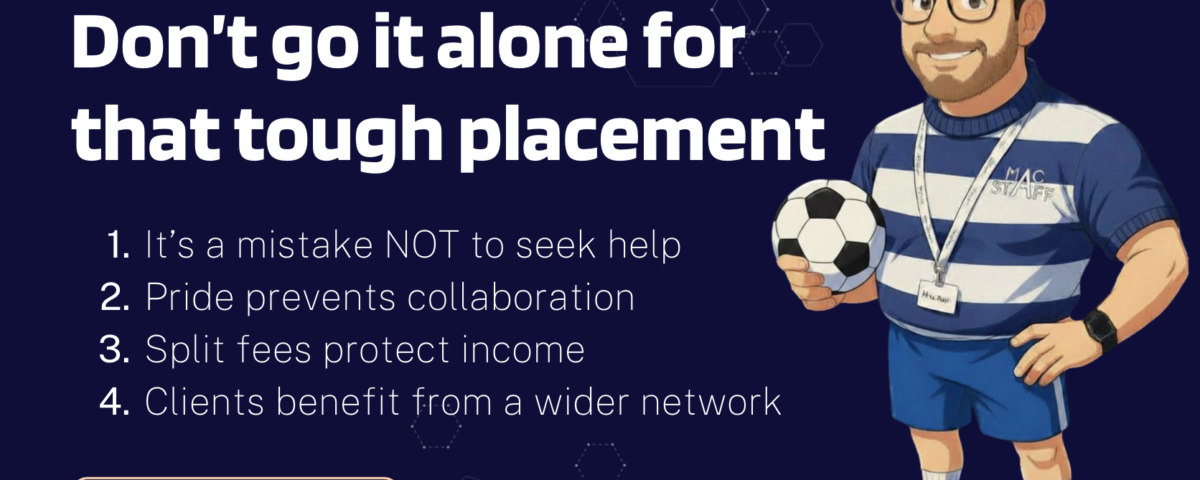 Assist Ant is holding a football next to bullet points promoting split fee placements