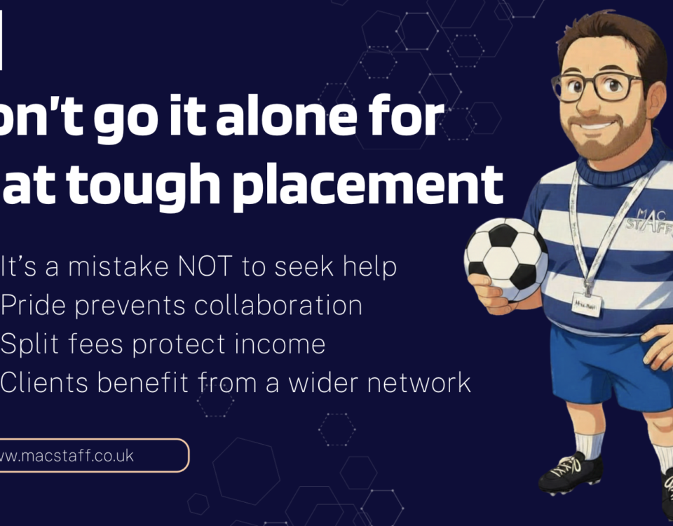 Assist Ant is holding a football next to bullet points promoting split fee placements